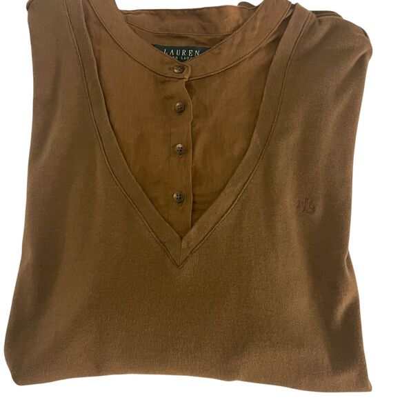 Lauren Ralph Lauren Womens Brown V Neck Henley Layered Look Top XL Casual Comfy - Picture 9 of 14